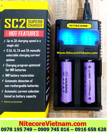 Nitecore SC2 (Bộ sạc Nitecore SC2 kèm sẳn 02 pin SẠC 18650 WASING 2300mAh đầu lồi lithium 3.7v) chính hãng